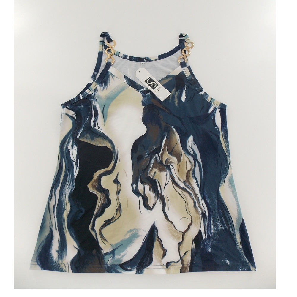 Saukole Tank Top Abstract Marble Chain Strap Women Medium Blue
